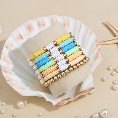 XIANNVXI 7pc Heishi Clay Bead Bracelets for Women Gold Plated Beaded Bohemian Stackable 6.8In Stretch Bracelets Elastic Layering Friendship Jewelry Boho Gift Set - color: Light Colors