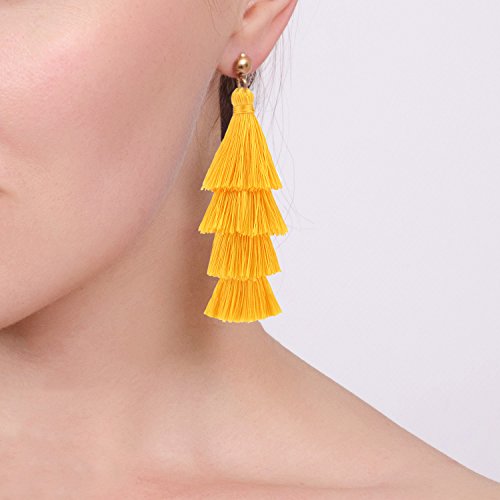 BaubleStar Tassel Earrings Handmade Tiered Thread Tassel Dangle Earrings, Multi Colors - color: Yellow