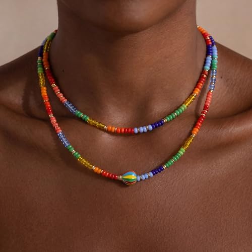 Wellike Freshwater Pearl Beaded Necklace for Women Handmade Boho Colorful Glass Beads Choker Necklace Stainless Steel 18K Gold Plated Bohemian Women Summer Jewelry Gifts - color: KKWX022