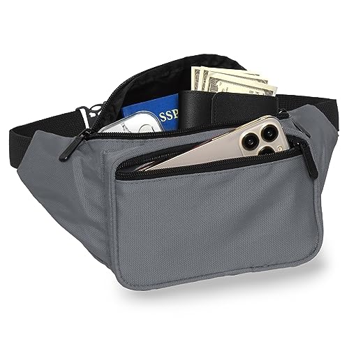 Gray Fanny Pack Belt bag - Crossbody Waist Bag for Men or Women - Hands-Free, Waterproof Large Bumbag for Hiking, Running, and Travel - color: Gray Sheen