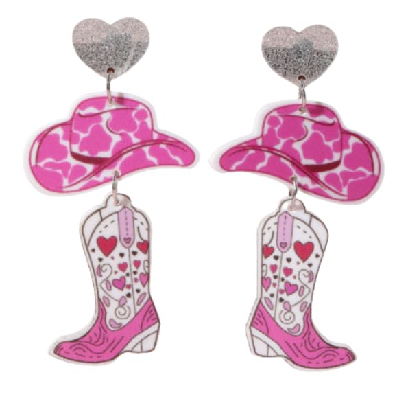 Western Cowboy Style Pink Heart Hat & Boot Acrylic Earrings Boho Festival Stackable Jewelry for Women - color: C