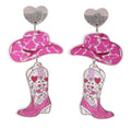 Western Cowboy Style Pink Heart Hat & Boot Acrylic Earrings Boho Festival Stackable Jewelry for Women - color: C