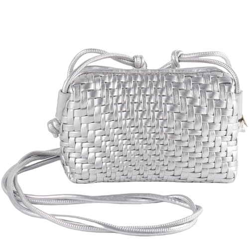 Woven Crossbody Bags for Women Handwoven Purses Vegan Leather Small Handbag Handmade Shoulderbag | Lightweight - color: Silver