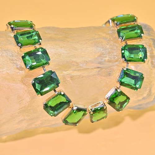 Fashionable Chunky Plated Tennis Rhinestone Statement Necklace Jewelry Set for Women Multicolor gem necklace with Great Sparkle and Shine Design for Women to Easy Match - color: green square rhinestone