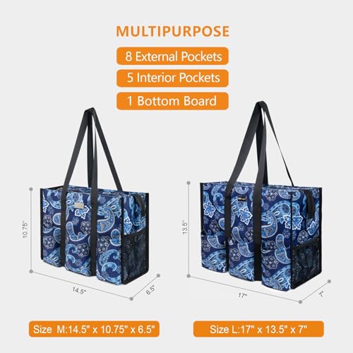 TOPDesign Utility Water Resistant Tote Bag with 13 Pockets, Top Zipper Closure & Thick Bottom Support, for Working Women - color: Blue Bandanna, size: Large