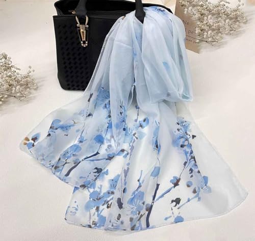 Xyueanlo Women's Chiffon Scarf Lightweight Scarves Fashion Elegant Floral Print Scarfs Shawls - color: Little Plum Blossom Blue