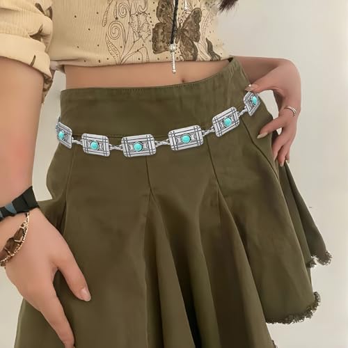 Women Western Chain Belt Adjustable Turquoise Metal Waist Chain Boho Chain Link Belt for Jeans or Dresses - color: Turquoise Square Silver, size: M: 47.2 in/120 cm