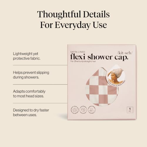 Kitsch Luxury Satin-Lined Flexi Shower Caps for Women Reusable Waterproof - Large Wide Shower Cap for Women & Men, Adjustable, Stylish Hair Cap for Showers, For Long & Short Hair - Terracotta Checker - color: Terracotta Checker