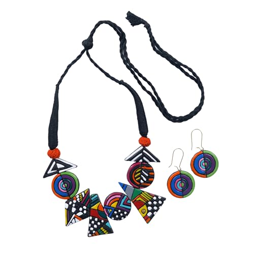 Bold Multicolor Geometric Terracotta Jewelry Set Hand-Painted Clay Necklace with Earrings | Artisan Handmade Statement Boho Jewelry for Women | Gift for Her - color: Multicolour Geometric