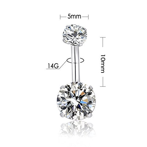 HQLA 14G Belly Button Rings Surgical Stainless Steel Round Cubic Zirconia Navel Barbell Stud Body Piercing - color: 4Pcs(Clear+Pink+Purple+Blue)