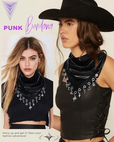 Punk Triangle Head Scarf with Metal Charms - Y2K Sparkly Bandana for Women | Vintage Neck Scarf for Festival Party Concert - color: Black
