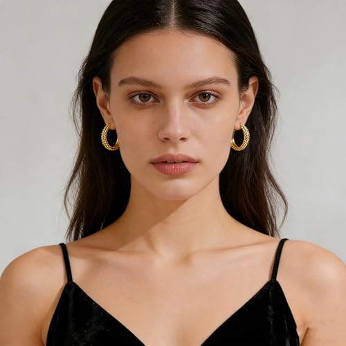 Chunky Gold Hoop Earrings for Women - 14k Gold Plated Twisted Rope Thick Hoops, Lightweight Hypoallergenic Small Hoop Earrings, Trendy Fashion Jewelry Gifts - color: golden
