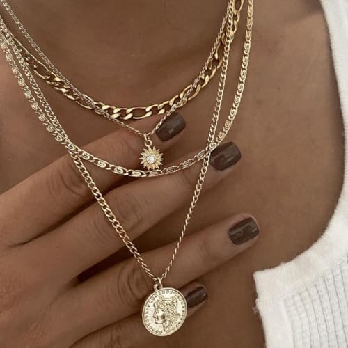 GIGB PBDK Layered Necklaces for Women Dainty 14K Gold Coin Sun Pendant Necklace Exaggerated Stackable Figaro Choker Necklace Trendy Birthday Jewelry Presents - color: Gold