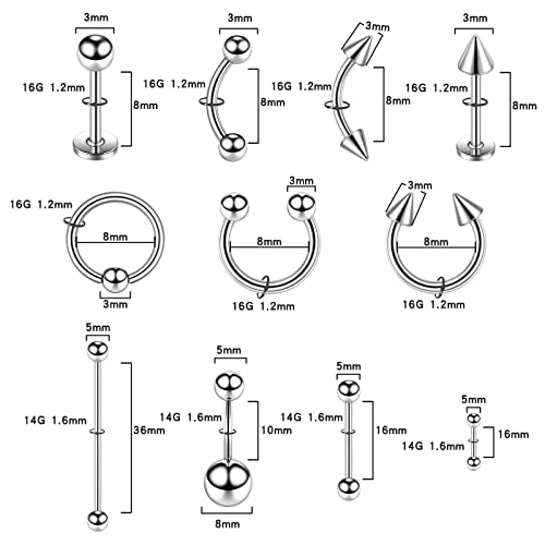 104pcs Piercing Kit 14G16G Ear Lip Septum Eyebrow Nipple Body Self Jewelry