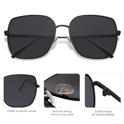 SOJOS Trendy Oversized Square Metal Frame Sunglasses for Women Men Retro Big Flat Lens UV Protection Sunglasses SJ1146 - color: Black/Grey