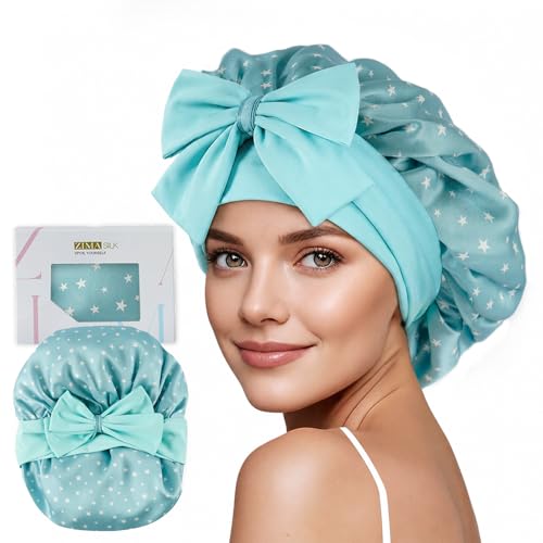 ZIMASILK 100% Mulberry Silk Bonnet for Sleeping Women Long Hair Double Layer Silk Hair Wrap with Tie Band Stay On Head (1Pc, Star Pattern) - color: Star Pattern