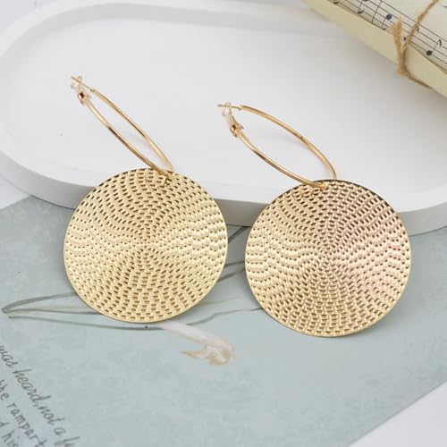 Boho Large Hoop Earrings for Women Oversized Chunky Coin Dangle Earring Hammered Big Disc Loop Earrings Trendy Party Jewelry Accessories Gifts - color: Gold