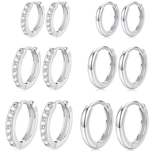 Cocadant 6 Pairs 925 Sterling Silver Small Hoop Earrings for Women,14k Real Gold Hypoallergenic Tiny Cubic Zirconia Cartilage Huggie Earring Sets for Multiple Piercing Trendy Jewelry 8/10/12mm - color: 6 Pairs Silver,8mm 10mm 12mm