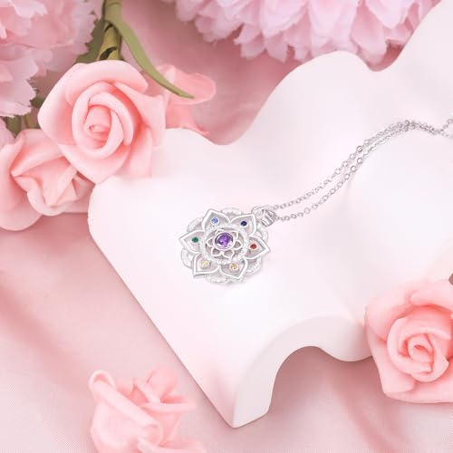 Lotus Necklace 925 Sterling Silver Chakra Flower Pendant Necklace 7 Colorful Rainbow Yoga Lotus Jewelry for Women Wife Mother's Day Birthday Valentines Gifts