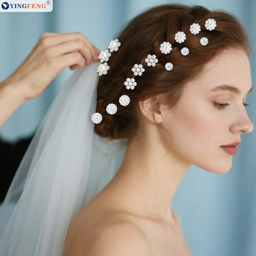 60 Pcs 7 Styles Silver Bridal Wedding Hair Pins, YINGFENG Flower Hair Clips for Women, U Shaped Crystal Pearl Hair Clips, Suitable for Brides, Bridesmaids, Women's Wedding Hair Accessories