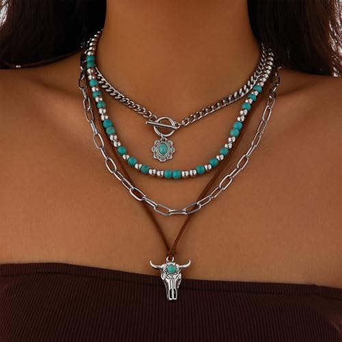 Layered Boho Necklaces for Women Gold Coin Pendant Necklaces Stackable Turquoise Choker Necklace for Women Western Jewelry - style: Style 9