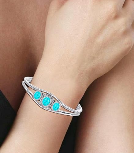 Genuine 3 Turquoise Stone Large Bracelet, Sterling Silver Boho Adjustable Bangle Cuff Native American Jewelry for Women, Fit for 6.5 7 7.5 Inches