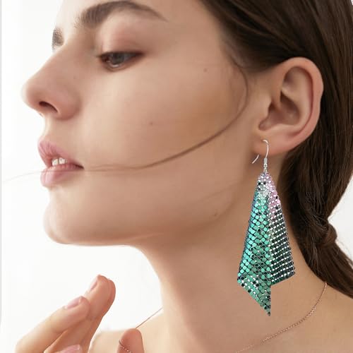 Sequin Earrings for Women Metal Mesh Grid Sequins Tassel Long Drop Dangle Earrings Trendy Charms Bridal Wedding Jewelry - color: Multi