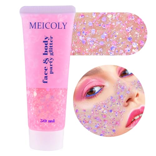 MEICOLY Chameleon Light Pink Body Glitter,Chunky Face Glitter for Halloween,Color Changing Mermaid Face Glitter Gel,Holographic Glitter Sequin for Face Body Hair,Festival Party Cheer Glitter Makeup - color: chameleon light pink body glitter