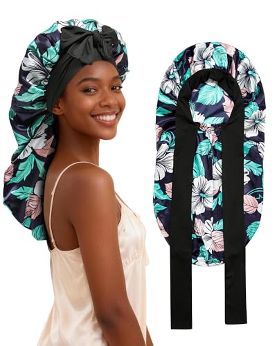 AWAYTR Long Satin Bonnet for Braids - Elastic Silk Hair Bonnets for Sleeping Night Cap Stretchy Tie Band for Women（Flower D） - color: Flower D