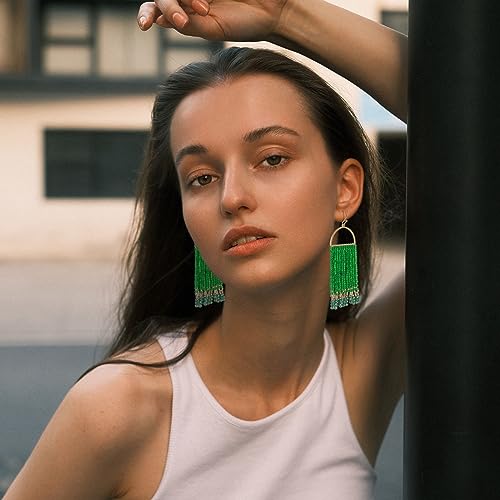 Bohemia Beaded Dangle Earrings - Handmade Seed Bead Earrings, Statement Beaded Tassel Earrings for Women - color: Dark Green