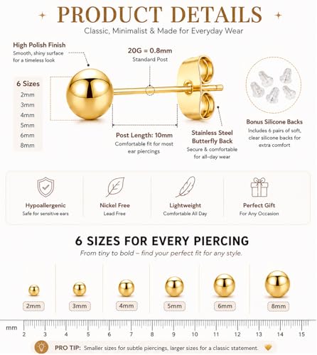 20G Hypoallergenic Surgical Steel Square Pearl Ball CZ Flat Back Stud Earrings for Sensitive Ear, Lightweight Shiny Earrings Studs for Helix Tragus Cartilage Multiple Piercing - color: Gold-M