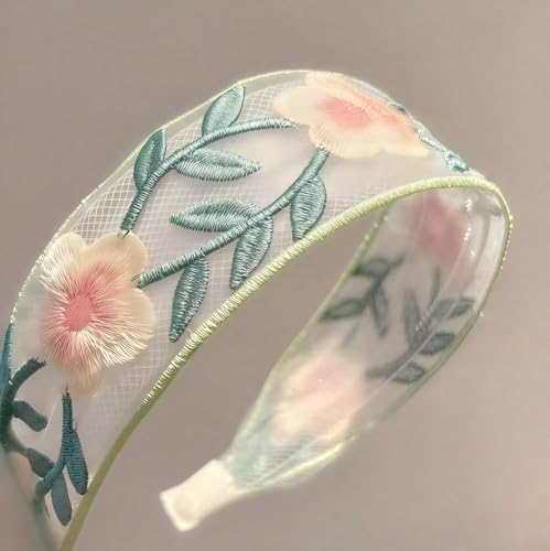 2 Pcs Vintage Floral Embroidered Headbands for Women Wide Boho Mesh Fabric Hair Bands with leaf Flowers, Comfortable Non-Slip Hair Accessories for Girls,Daily Wear & Special Occasions