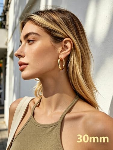 Bestyle 5mm Thick Gold Hoop Earrings Hypoallergenic Hoops for Sensitive Ears Trendy Lightweight Chunky Earrings for Women 30/40/60/80mm - color: 01-Gold, size: 30mm