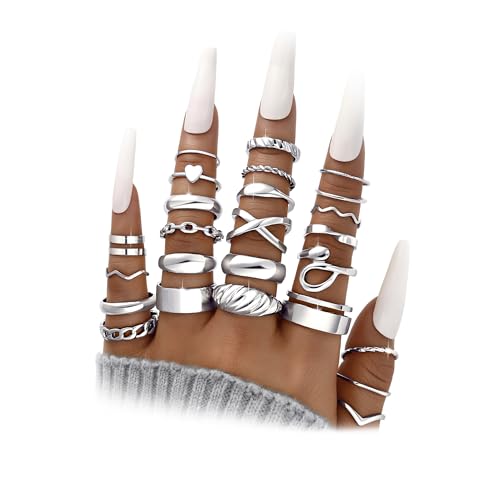 YEEZII 25 Pcs Gold Knuckle Rings Set for Women, Cute Stackable Finger Midi Rings, Dainty Gold Chunky Stacking Statement Womens ring pack - color: Silver-A-25 Pcs