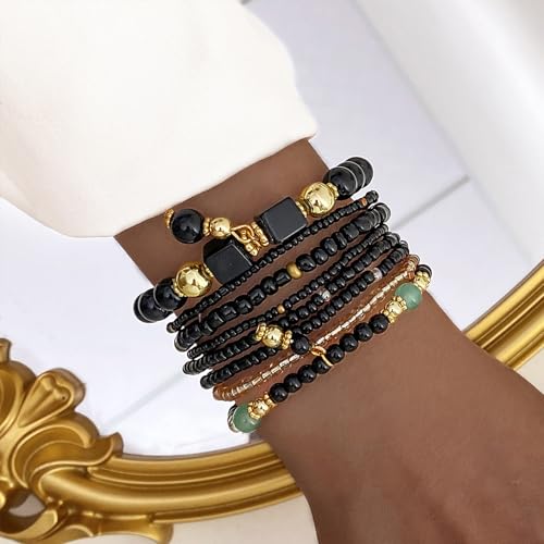 IFKM 8PCS Beaded Bracelets for Women, Multilayered Stackable Strand Stretch Bead Bracelet Pack Handmade Trendy Bohemian Charm Jewelry - color: Black
