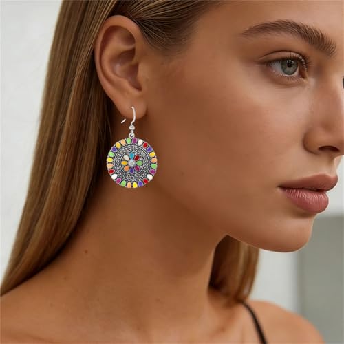 MALOYANVE Vintage Boho Circular Flower Dangle Earring, Handmade Bronze Tribal Round Enamel Floral Drop, Bohemian Ethnic Statement Jewelry Gift for Women - color: Silver Muticolor