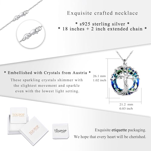 TOUPOP Tree of Life Necklace Gifts for Women 925 Sterling Silver Family Tree Pendant with Crystal Birthday Irish Jewelry Gifts for Women Her Wife Mom - color: 01-Blue Crystal-Silver