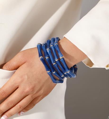 iF YOU 6pcs Chunky Acrylic Bangle Bracelets for Women, Resin Bamboo Brown Stretchy Bracelet Stack, Fashion Jewelry for Women - color: 5pcs-dark blue bracelets