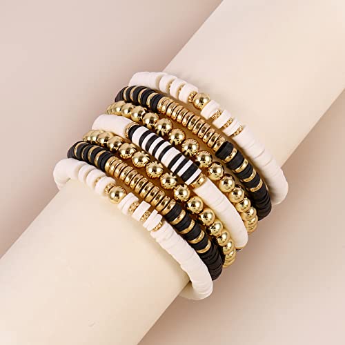 Elegance 11 designs Heishi Beaded Bracelets For Women Polymer Clay Colorful Surfer Stackable Beads Boho Bracelet Summer Beach Jewelry - color: Black And White