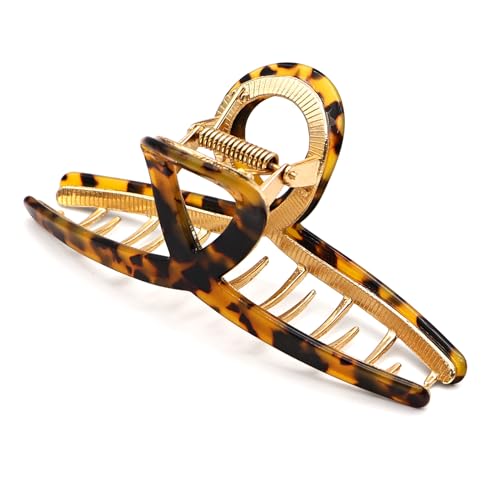 MEDOCA Large Metal Hair Clips - Strong Hold Gold Clips for Thick Locks - Leopard Print Claw Clips for Women and Girls | Strong hold acetate alloy accessories, non slip daily hairpin, elegant French style decoration for thick long curly hair - color: 1.Yel