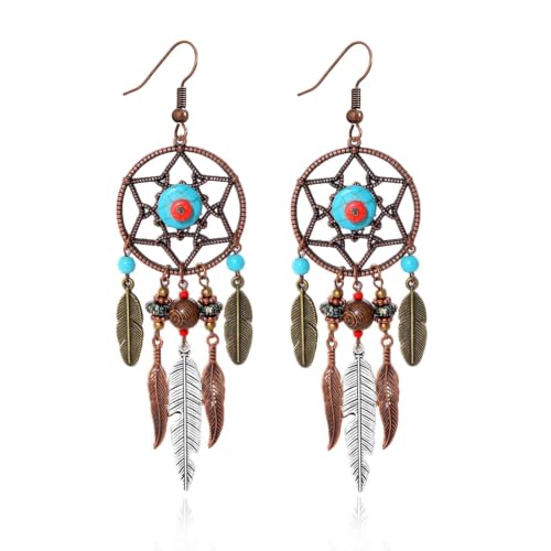 Boho Turquoise Drop Earrings Retro Long Copper Feather Tasse Metal Leaf Dangle Earrings Vintage Country Western Jewelry Cowgirl Ethnic Style Geometric Concert Festival Accessories for Women - color: Red Blue