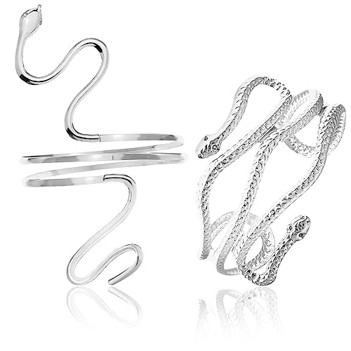 QuneusHot 2 Piece Snake Arm Cuff Cleopatra Serpent Upper Arm Band Spiral Armlet Bracelet Egyptian Costume Jewelry Bangle for Women Men - color: Silver