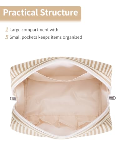 Narwey Striped Makeup Bag Travel Cosmetic Bag Organizer Toiletry Bag Make Up Bags with Compartments for Women Girls (Large,Brown Stripe) - color: A-Brown Stripe, style: Large
