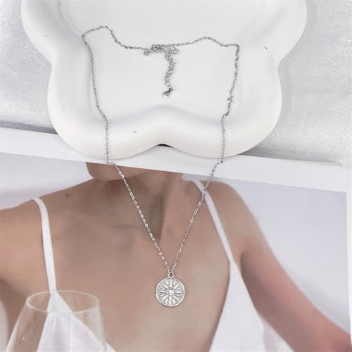 NewZenro Vintage Sun Embossed Round Disc Pendant Necklace for Women Dainty Minimalist S925 Sterling Silver 18K Gold Plated Link Choker Necklaces Adjustable Chain Fashion Trendy Jewelry for Her Bff - color: Silver