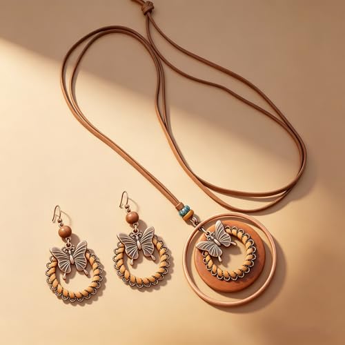 Wooden Leather Necklaces Set Bohemian Wood Stack Discs Long Chain Hemp Rope Bronze Plated Pendant Ethnic Tribal Fall Leaf Earrings Jewelry Statement Necklace - color: R-033