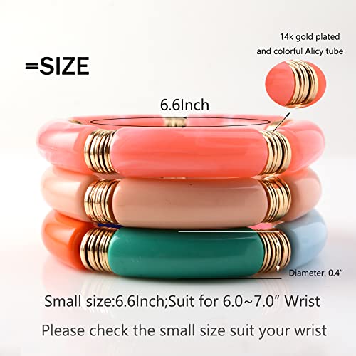 GOOJIDS Simple Beaded Gold Plated Bangles Bracelet Chunky Bamboo Tube Curved Stacking Clear Acrylic Colorful Beads Stretchable Gold Plated Bracelets Set For Women - color: S-Small size Beige&Pink 3PCS Set