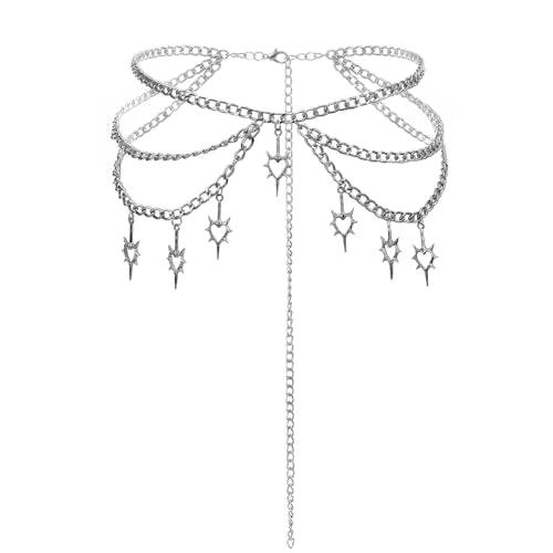 Silver Chain Belt Multi-layer Heart Waist Chain for Women Punk Silver Waist Belt Y2k Gothic Body Chains for Dresses Jeans Festivals