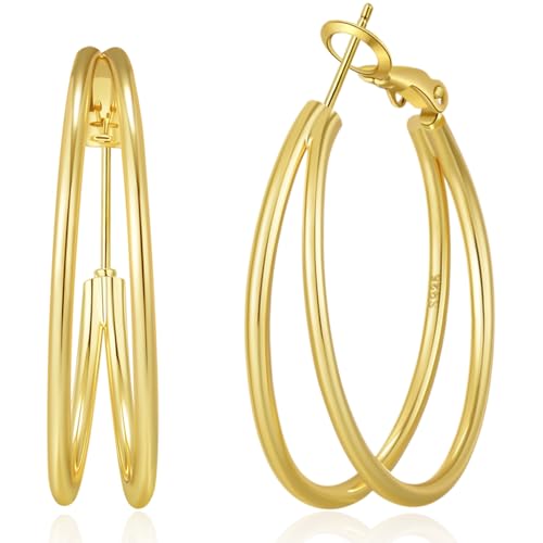 OOOPEL Large Thin Double Hoop Earrings for Women Lightweight Hypoallergenic 925 Sterling Silver Post 14K Gold Hoops Non Tarnish Sturdy Big Thin Double Layered Hoop Earrings 30/40/50/60mm - color: Gold, size: 30mm
