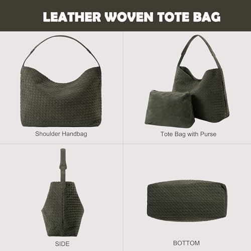 Leather Woven Tote Bag for Women, Vintage Suede Woven Hobo Bag, Large Crossbody Shoulder Slouchy Handbag - color: Green
