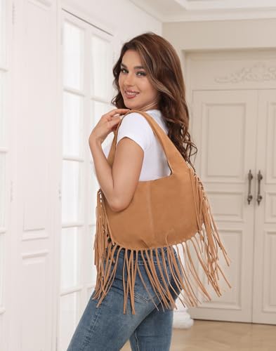 HDE Women's Faux Suede Leather Bag Fringe Tassel Shoulder Purse Western Handbag - color: Camel Brown